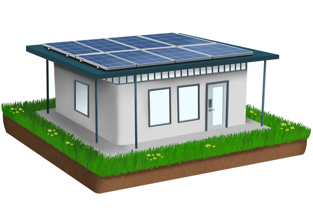 rendering of a 3D-printed plöt house with solar panels on the roof.