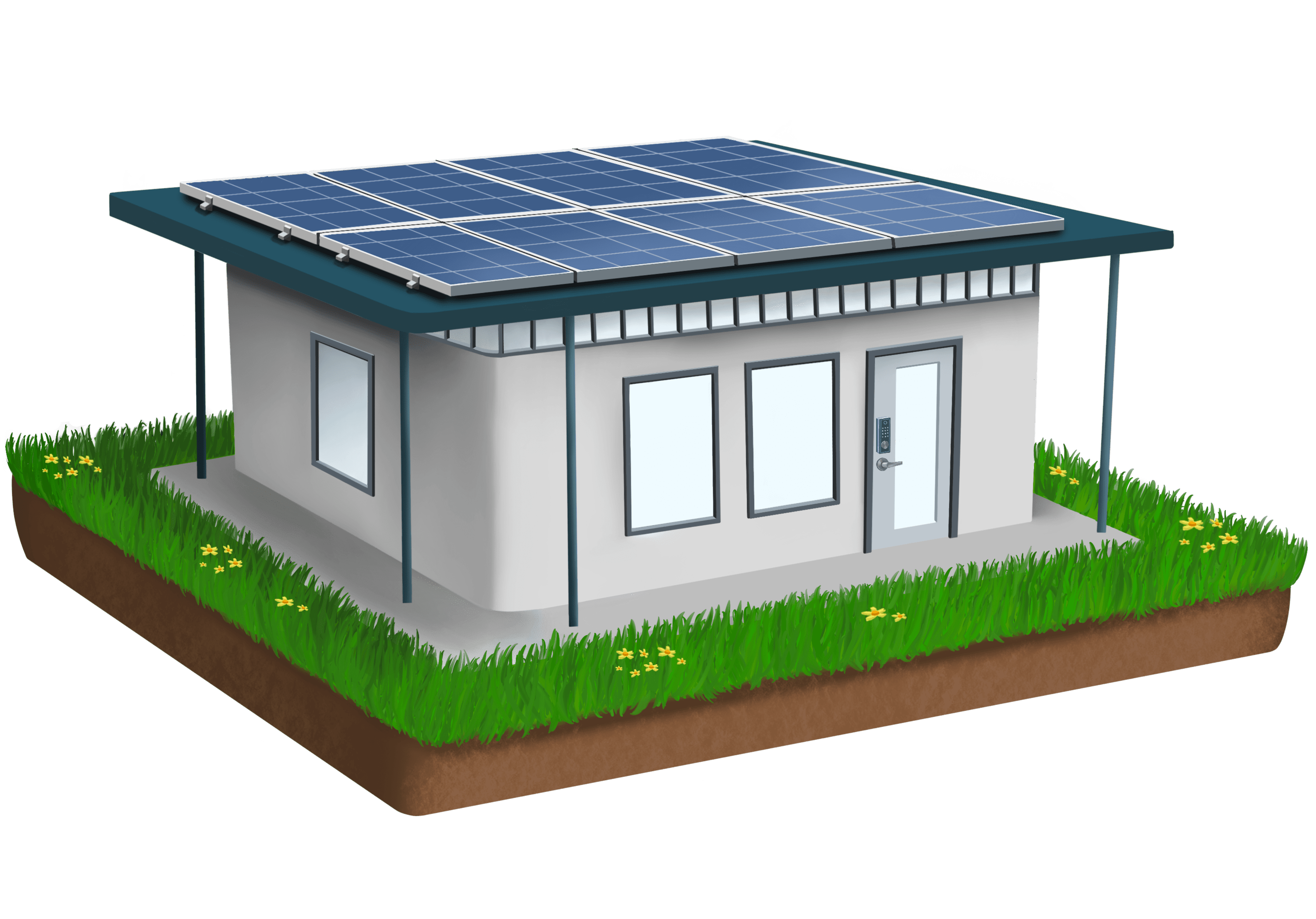 rendering of a 3D-printed plöt house with solar panels on the roof.